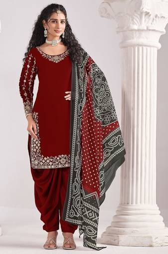 Maroon roman silk zari embroidery sequins mirror & printed dupatta semi stitched suit size up to 42