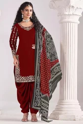 Maroon roman silk zari embroidery sequins mirror & printed dupatta semi stitched suit size up to 42