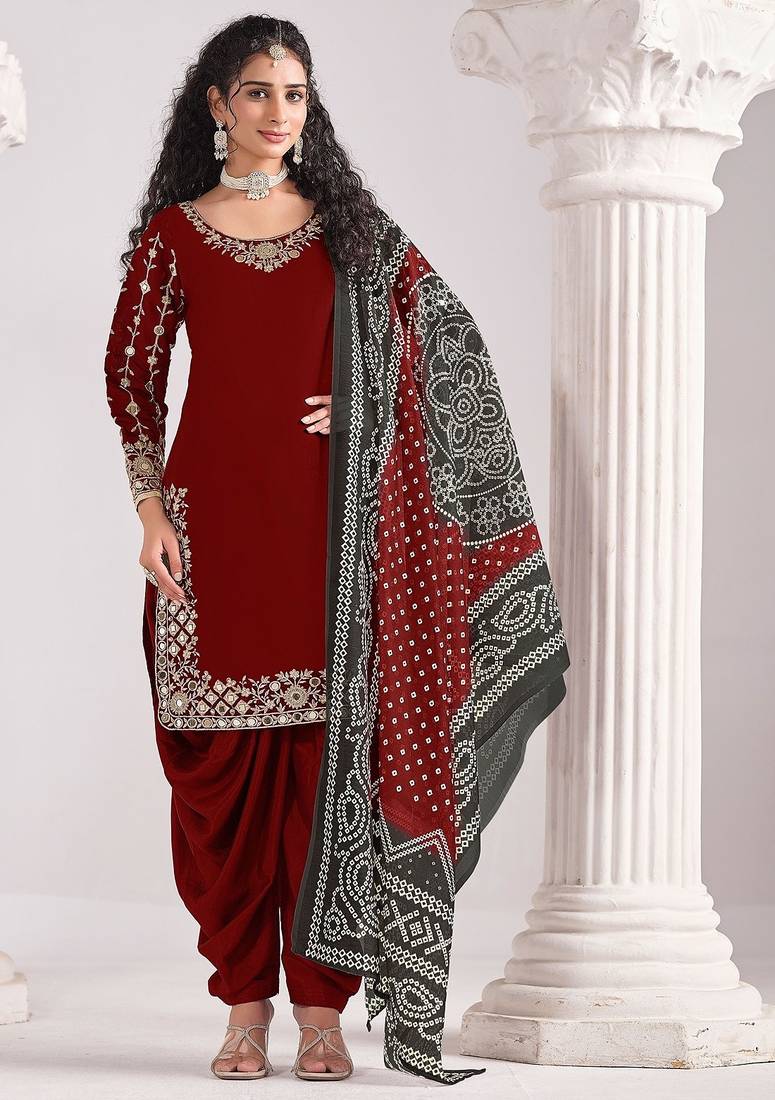 Maroon roman silk zari embroidery sequins mirror & printed dupatta semi stitched suit size up to 42