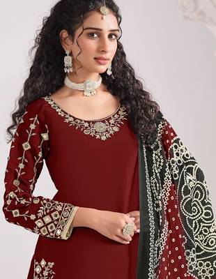 Maroon roman silk zari embroidery sequins mirror & printed dupatta semi stitched suit size up to 42 2
