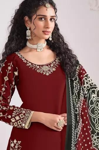 Maroon roman silk zari embroidery sequins mirror & printed dupatta semi stitched suit size up to 42