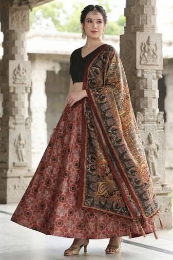 Ajarakh Print Satin Semi Stitched Lehenga Choli & Unstitched Blouse With Dupatta