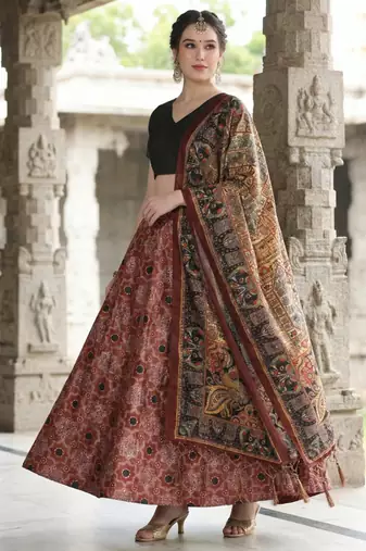 Ajarakh Print Satin Semi Stitched Lehenga Choli & Unstitched Blouse With Dupatta