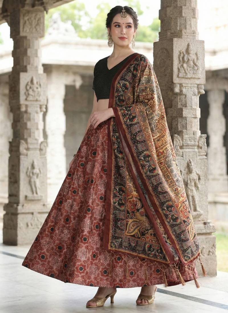 Ajarakh Print Satin Semi Stitched Lehenga Choli & Unstitched Blouse With Dupatta