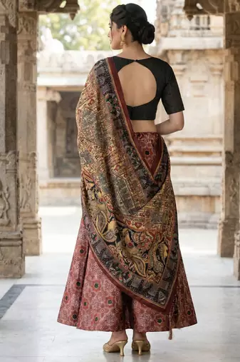 Ajarakh Print Satin Semi Stitched Lehenga Choli & Unstitched Blouse With Dupatta