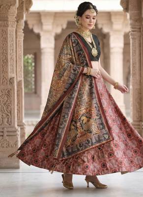 Ajarakh Print Satin Semi Stitched Lehenga Choli & Unstitched Blouse With Dupatta 4