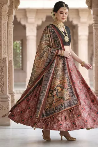 Ajarakh Print Satin Semi Stitched Lehenga Choli & Unstitched Blouse With Dupatta