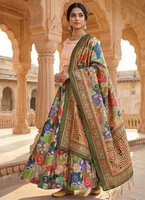 Kantha Stitch Print Satin Semi Stitched Lehenga Choli & Unstitched Blouse With Dupatta 1