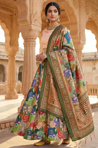 Kantha Stitch Print Satin Semi Stitched Lehenga Choli & Unstitched Blouse With Dupatta