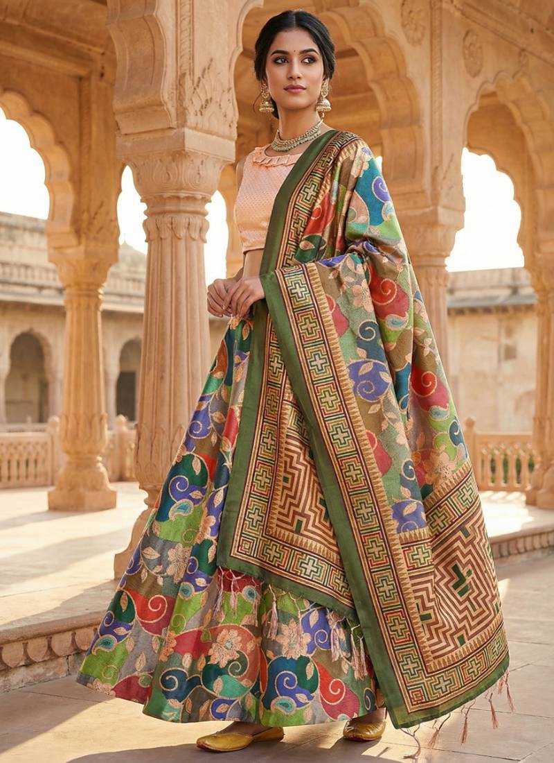 Kantha Stitch Print Satin Semi Stitched Lehenga Choli & Unstitched Blouse With Dupatta