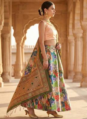 Kantha Stitch Print Satin Semi Stitched Lehenga Choli & Unstitched Blouse With Dupatta 2