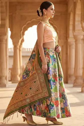 Kantha Stitch Print Satin Semi Stitched Lehenga Choli & Unstitched Blouse With Dupatta