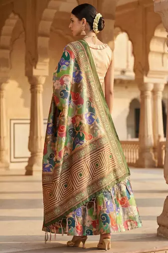 Kantha Stitch Print Satin Semi Stitched Lehenga Choli & Unstitched Blouse With Dupatta