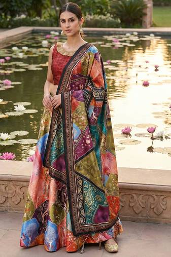 Decorative Print Satin Semi Stitched Lehenga Choli & Unstitched Blouse With Dupatta