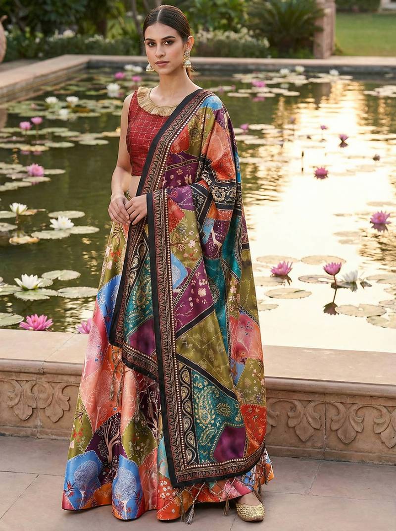 Decorative Print Satin Semi Stitched Lehenga Choli & Unstitched Blouse With Dupatta