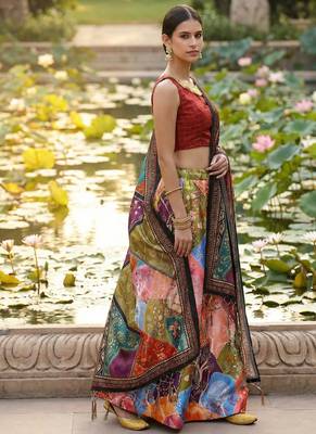 Decorative Print Satin Semi Stitched Lehenga Choli & Unstitched Blouse With Dupatta 2