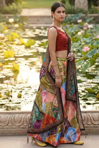 Decorative Print Satin Semi Stitched Lehenga Choli & Unstitched Blouse With Dupatta