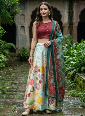 Decorative Print Satin Semi Stitched Lehenga Choli & Unstitched Blouse With Dupatta 1