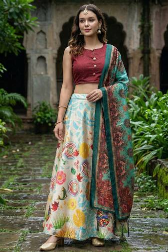 Decorative Print Satin Semi Stitched Lehenga Choli & Unstitched Blouse With Dupatta