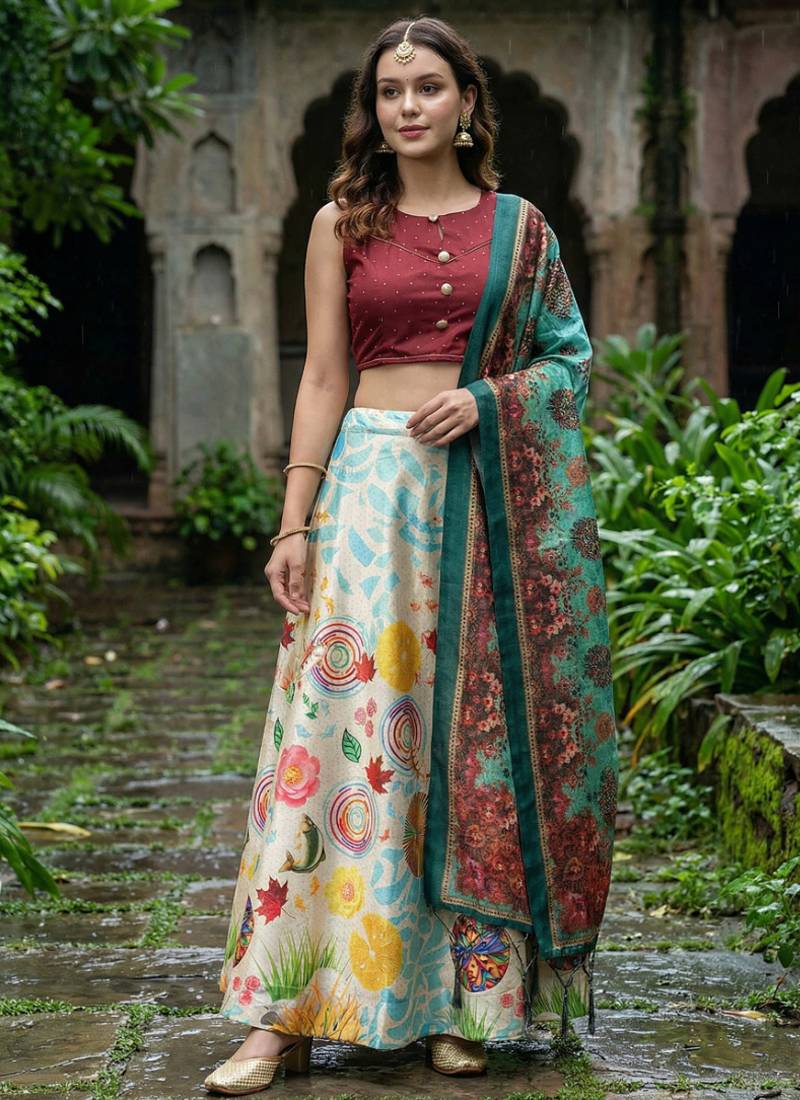 Decorative Print Satin Semi Stitched Lehenga Choli & Unstitched Blouse With Dupatta