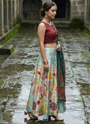 Decorative Print Satin Semi Stitched Lehenga Choli & Unstitched Blouse With Dupatta 2