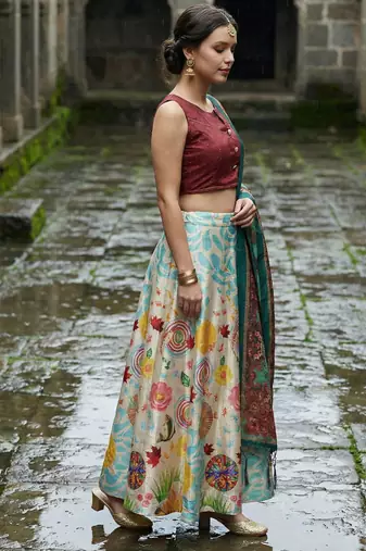 Decorative Print Satin Semi Stitched Lehenga Choli & Unstitched Blouse With Dupatta