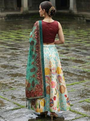 Decorative Print Satin Semi Stitched Lehenga Choli & Unstitched Blouse With Dupatta 3