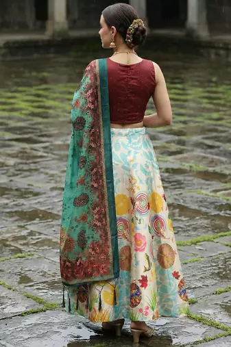 Decorative Print Satin Semi Stitched Lehenga Choli & Unstitched Blouse With Dupatta