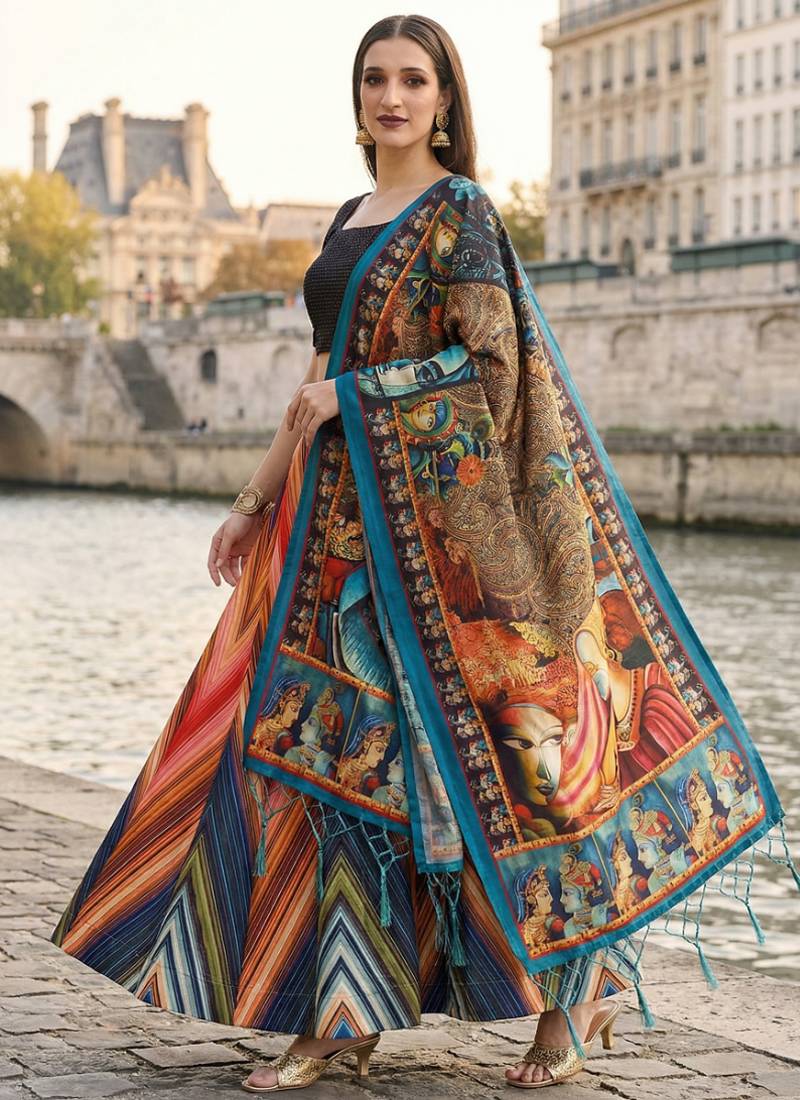 Rainbow Print Satin Semi Stitched Lehenga Choli & Unstitched Blouse With Dupatta