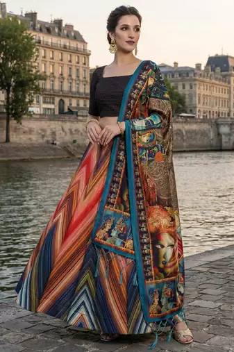 Rainbow Print Satin Semi Stitched Lehenga Choli & Unstitched Blouse With Dupatta