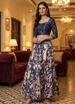 Ethnic Motif Print Satin Semi Stitched Multi Color Croptop & Unstitched Blouse 1