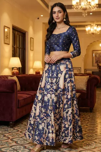 Ethnic Motif Print Satin Semi Stitched Multi Color Croptop & Unstitched Blouse