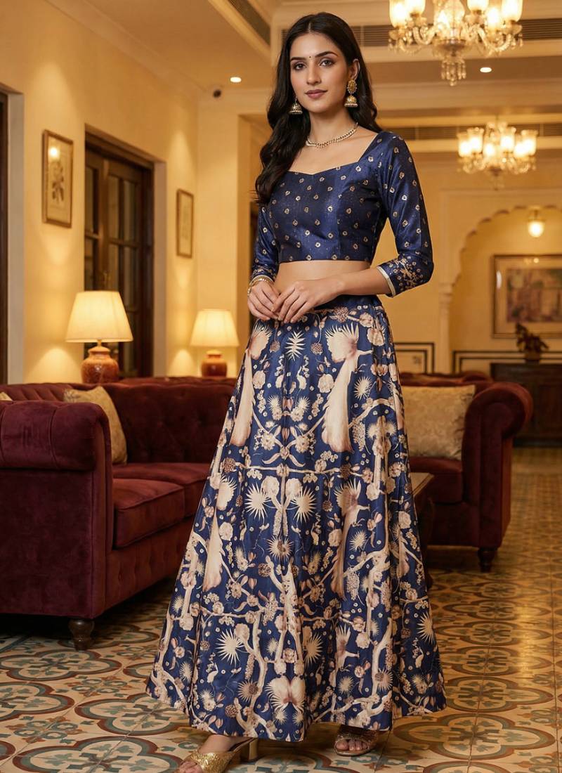 Ethnic Motif Print Satin Semi Stitched Multi Color Croptop & Unstitched Blouse