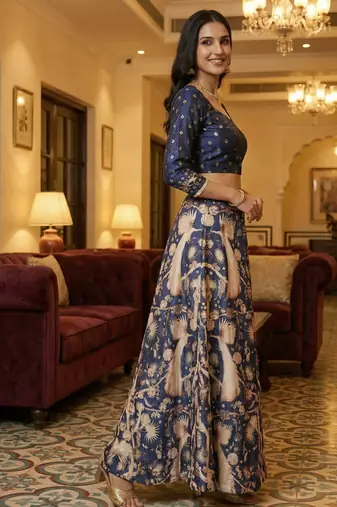 Ethnic Motif Print Satin Semi Stitched Multi Color Croptop & Unstitched Blouse