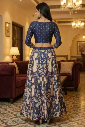 Ethnic Motif Print Satin Semi Stitched Multi Color Croptop & Unstitched Blouse