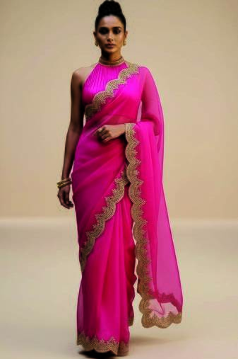 Pink embroidered organza saree set