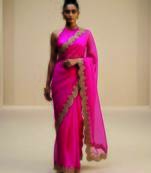 Pink embroidered organza saree set