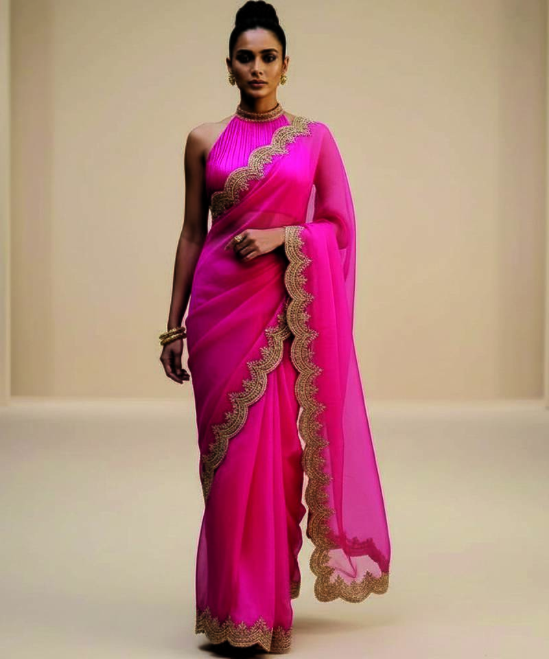 Pink embroidered organza saree set