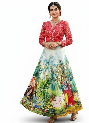 Radha Krishna Print Satin Semi Stitched Multi Color Croptop & Unstitched Blouse 1