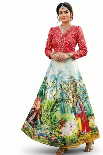 Radha Krishna Print Satin Semi Stitched Multi Color Croptop & Unstitched Blouse