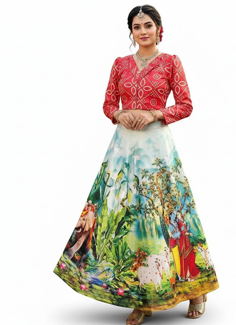 Radha Krishna Print Satin Semi Stitched Multi Color Croptop & Unstitched Blouse