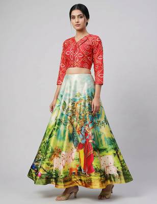 Radha Krishna Print Satin Semi Stitched Multi Color Croptop & Unstitched Blouse 2