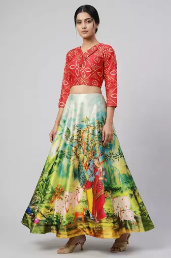 Radha Krishna Print Satin Semi Stitched Multi Color Croptop & Unstitched Blouse