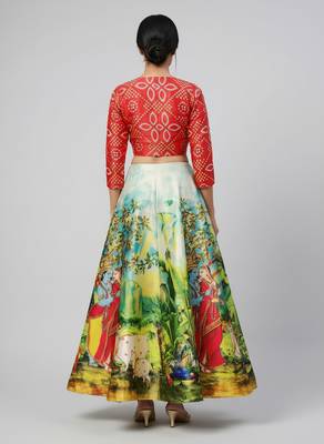 Radha Krishna Print Satin Semi Stitched Multi Color Croptop & Unstitched Blouse 3