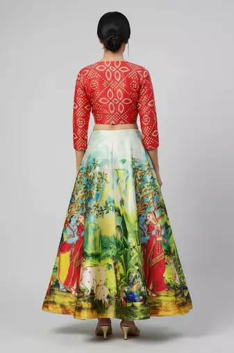 Radha Krishna Print Satin Semi Stitched Multi Color Croptop & Unstitched Blouse