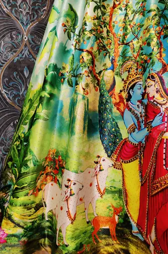 Radha Krishna Print Satin Semi Stitched Multi Color Croptop & Unstitched Blouse