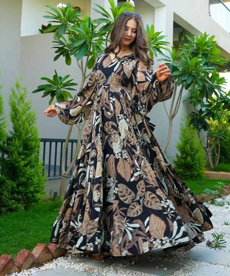 Black digital printed air tex chinon traditional anarkali gown