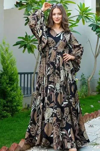Black digital printed air tex chinon traditional anarkali gown