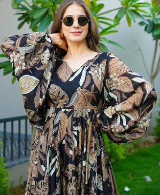 Black digital printed air tex chinon traditional anarkali gown 4