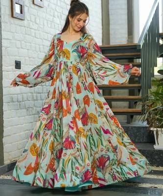 Multicolor digital printed air tex chinon traditional anarkali gown 1